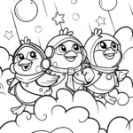 Chickens on a Cloudy Adventure Coloring Page