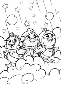 A coloring page of Chickens on a Cloudy Adventure Coloring Page