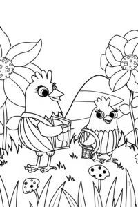 A coloring page of Chickens on a Treasure Hunt Coloring Page