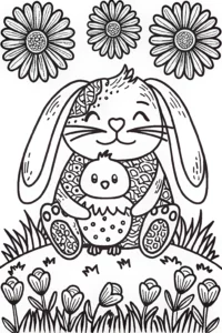 A coloring page of Bunny and Chick Snuggle Coloring Page