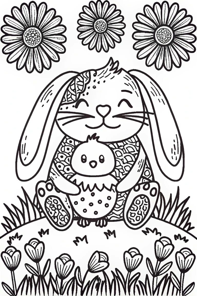 Bunny and Chick Snuggle Coloring Page coloring pages