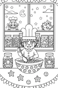 A coloring page of Goku’s Cosmic Culinary Adventure Coloring Page