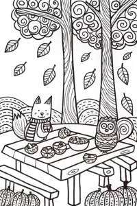 A coloring page of Fox and Owl Autumn Picnic Coloring Page