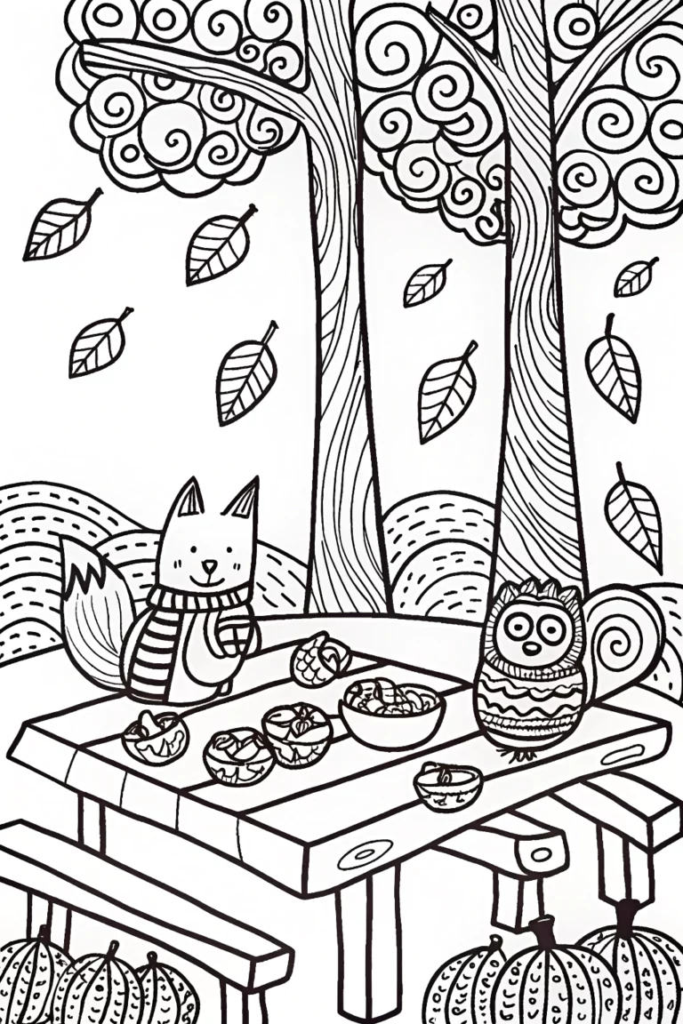 Fox and Owl Autumn Picnic Coloring Page coloring pages