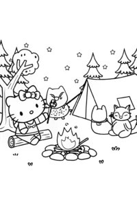 A coloring page of Hello Kitty’s Cozy Camping Adventure Coloring Page