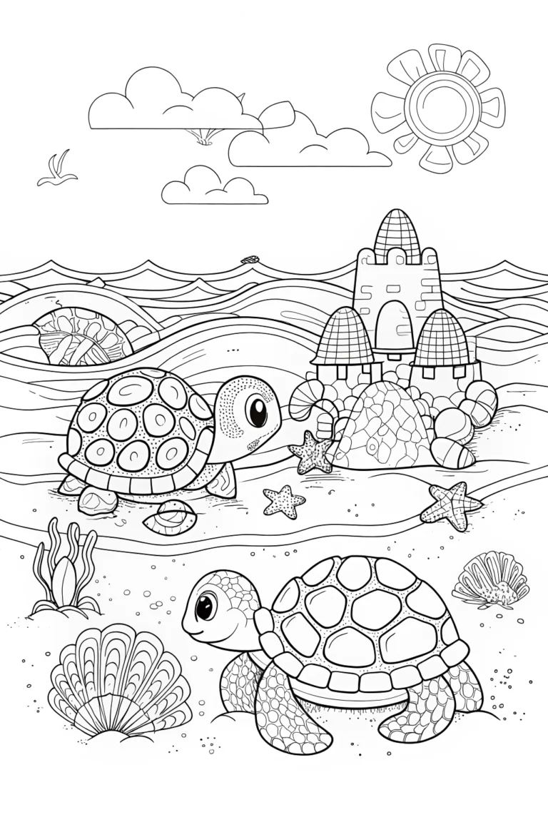 The Happy Turtle Family Beach Coloring Page coloring pages