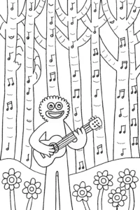 A coloring page of Huggy Wuggy’s Musical Adventure Coloring Page