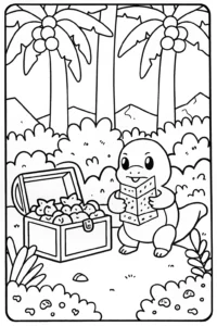 A coloring page of Charmander’s Treasure Hunt Coloring Page
