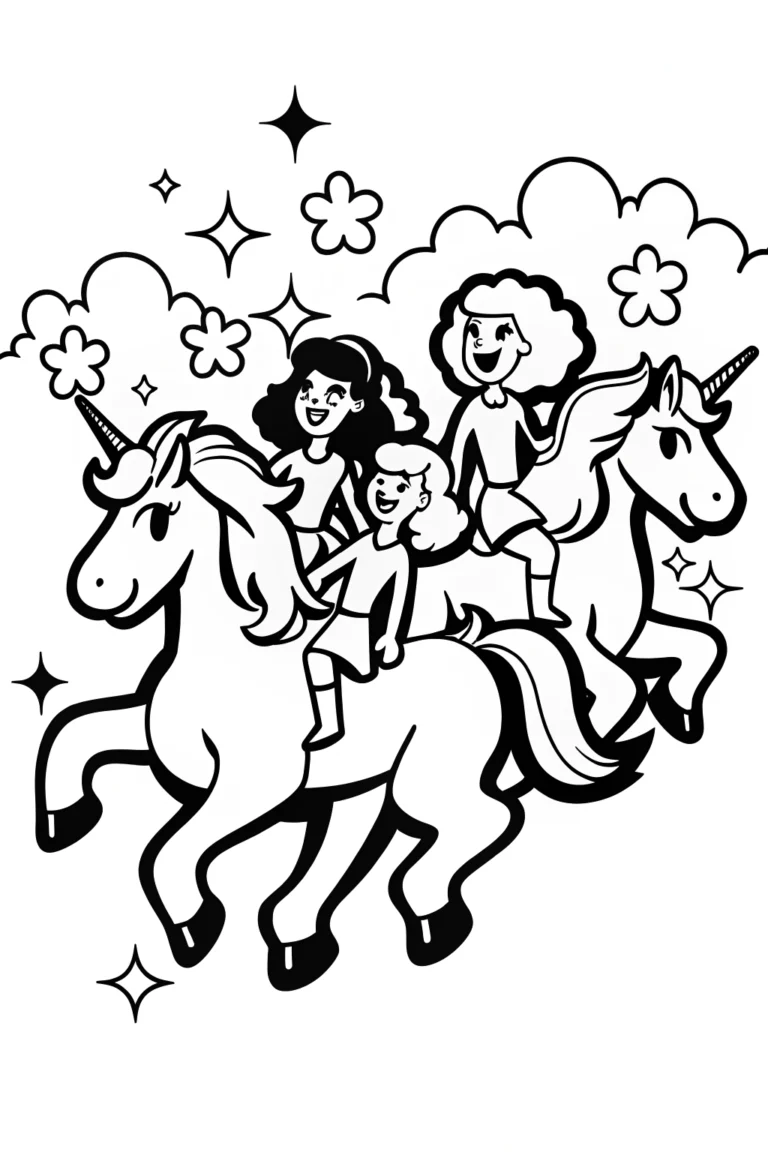 Rainbow High Students Riding Unicorns Coloring Page coloring pages