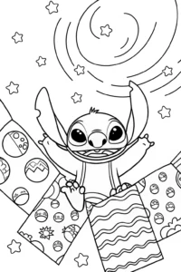 A coloring page of Stitch’s Galactic Quilt Adventure Coloring Page
