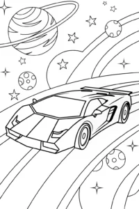 A coloring page of Lamborghini on the Galactic Raceway Coloring Page