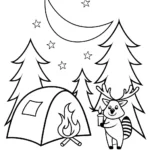 Happy Raccoon and Deer Camping Coloring Page