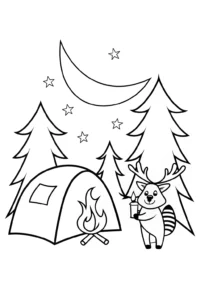 A coloring page of Happy Raccoon and Deer Camping Coloring Page