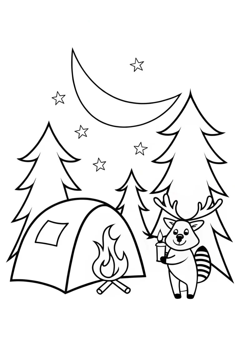 Happy Raccoon and Deer Camping Coloring Page coloring pages