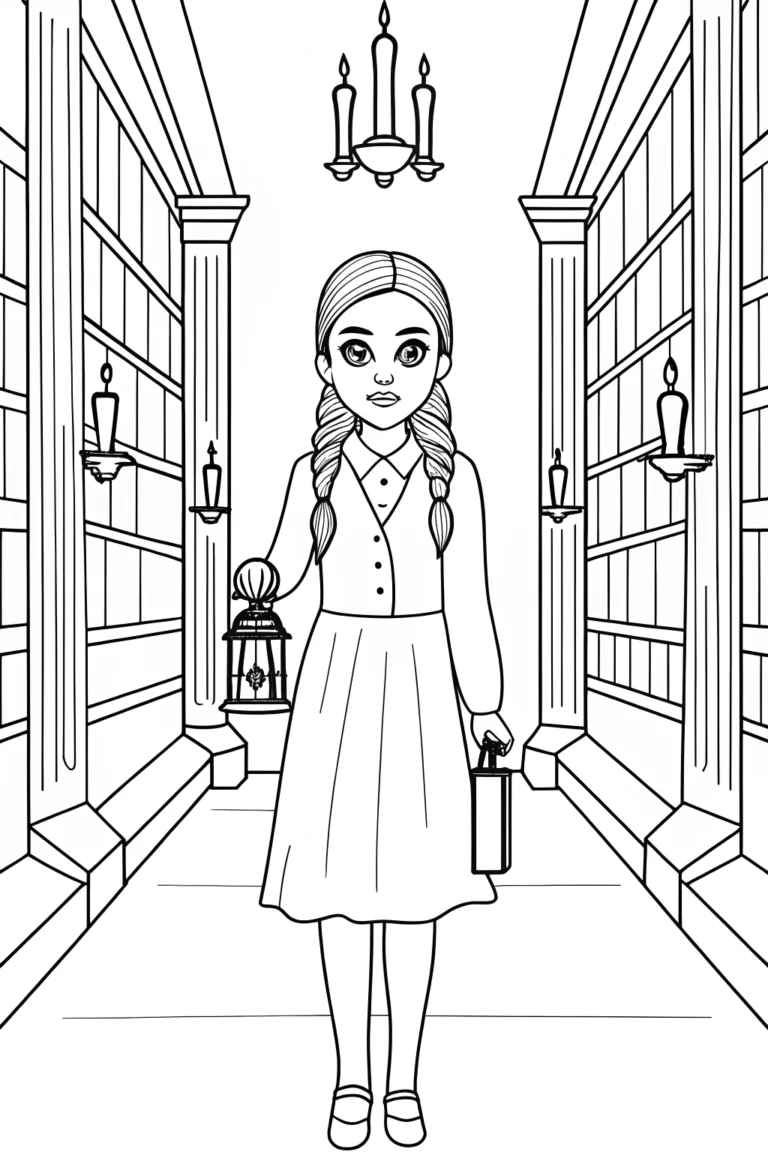 Wednesday Addams Navigating a Haunted Library Maze coloring pages