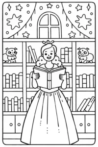 A coloring page of Barbie’s Enchanted Bookshop Adventure Coloring Page