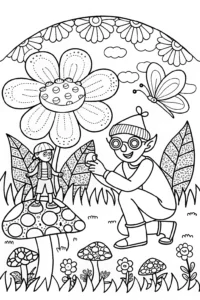 A coloring page of Blippi’s Magical Garden Adventure Coloring Page