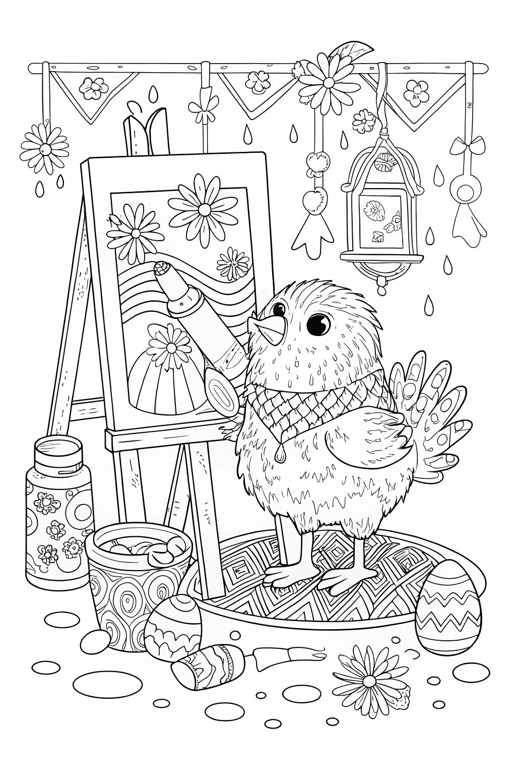 Chick’s Adventure in the Art Studio Coloring Page