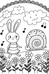 A coloring page of Banban’s Garden Adventure with the Rainbow Snail