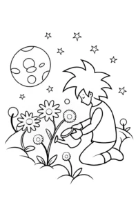 A coloring page of Goku’s Galactic Garden Adventure Coloring Page