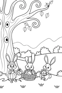 A coloring page of Autumn Adventure at the Enchanted Tree Coloring Page