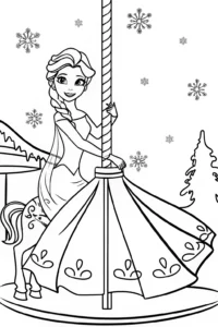 A coloring page of Elsa and the Enchanted Ice Carousel Coloring Page
