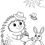 Hedgehog and Bunny Gardening Coloring Page