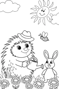 A coloring page of Hedgehog and Bunny Gardening Coloring Page