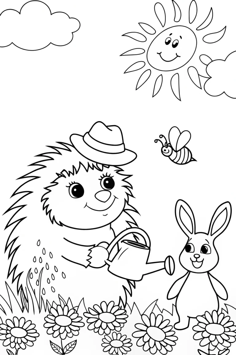 Hedgehog and Bunny Gardening Coloring Page coloring pages