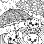 Puppy Parade with Rainbow Umbrellas Coloring Page