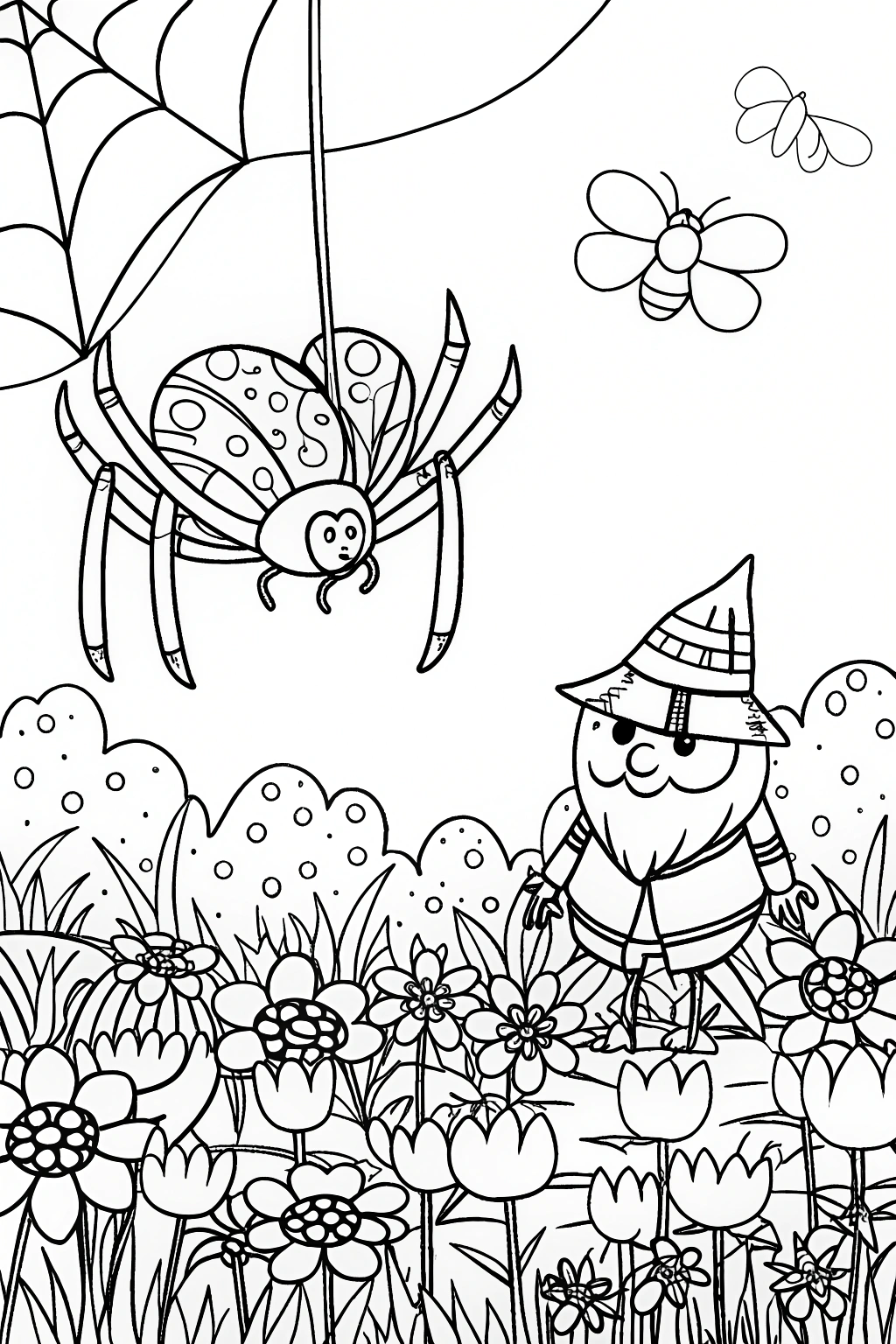 Whimsical Spider and Garden Gnome Coloring Page