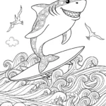 Shark Surfing in the Sun Coloring Page