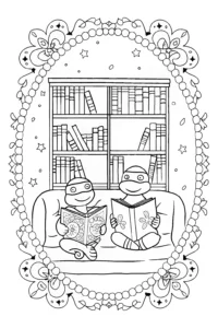 A coloring page of Teenage Mutant Ninja Turtles Cozy Bookstore Coloring Page