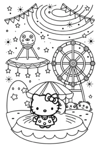 A coloring page of Hello Kitty’s Cosmic Carnival Coloring Page
