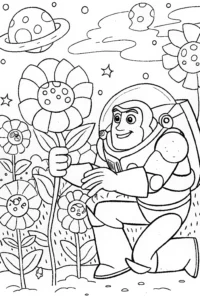 A coloring page of Buzz Lightyear’s Galactic Garden Adventure Coloring Page