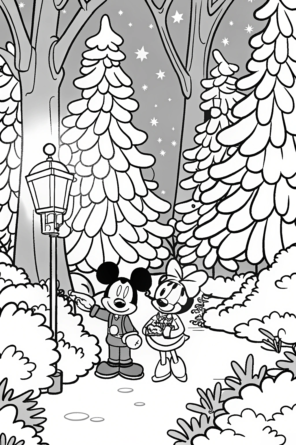 Mickey and Minnie in the Christmas Forest Coloring Page