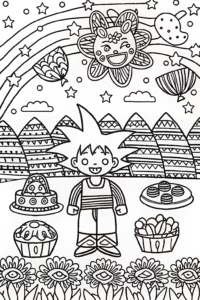 A coloring page of Goku’s Galactic Garden Party Coloring Page
