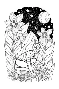 A coloring page of Miles Morales in the Cosmic Garden Coloring Page