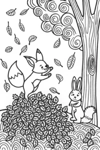 A coloring page of Falling Into Fun with Fox and Rabbit Coloring Page