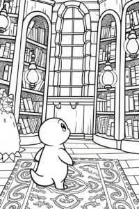 A coloring page of Charmander’s Enchanted Library Adventure Coloring Page