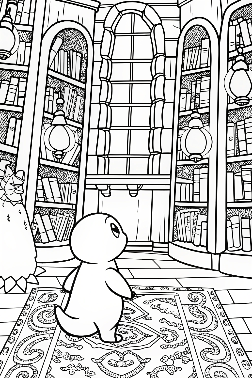 Charmander’s Enchanted Library Adventure Coloring Page