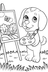 A coloring page of Puppy Painter in Nature Coloring Page