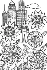 A coloring page of Miles Morales in a Dreamy Urban Jungle