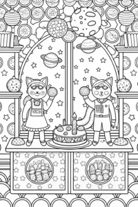A coloring page of Gabby’s Cosmic Cat Café Coloring Page