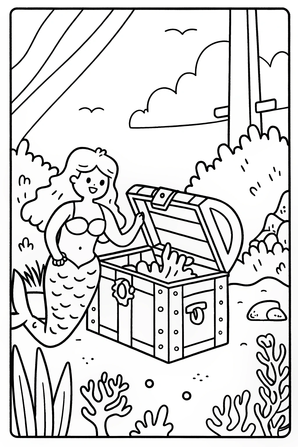 Mermaid&#8217;s Underwater Time Capsule Discovery Coloring Page