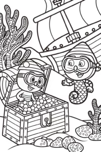 A coloring page of Bluey and Bingo’s Underwater Treasure Dive Coloring Page