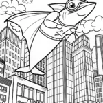 Superhero Shark Soaring Through the City Coloring Page