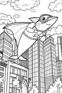 A coloring page of Superhero Shark Soaring Through the City Coloring Page