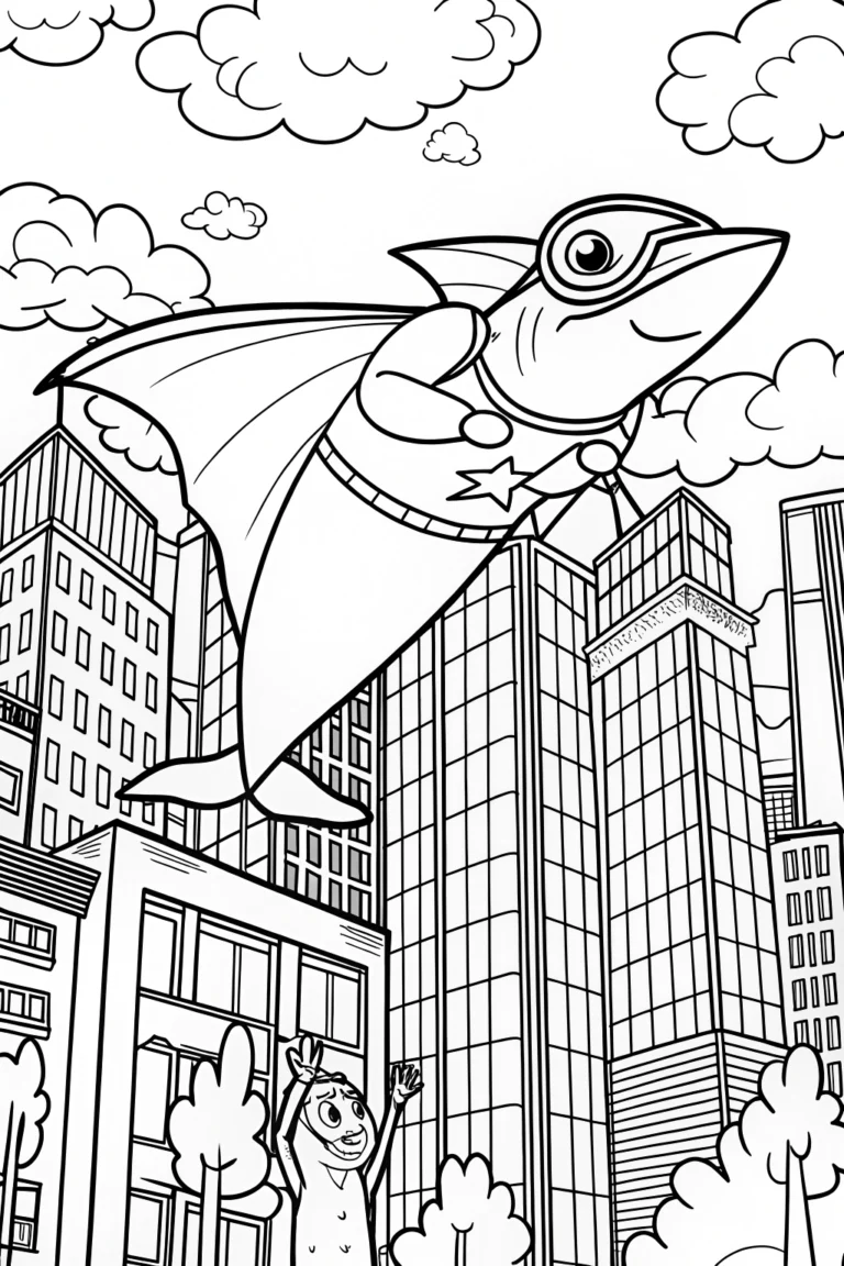 Superhero Shark Soaring Through the City Coloring Page coloring pages