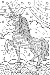 A coloring page of Starry Unicorn Dreamscape Coloring Page